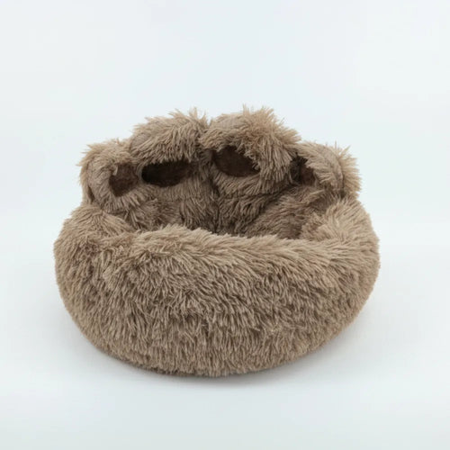 Fluffy brown Bear Paw Shape Plush Pet Nest Sofa Bed on a white background