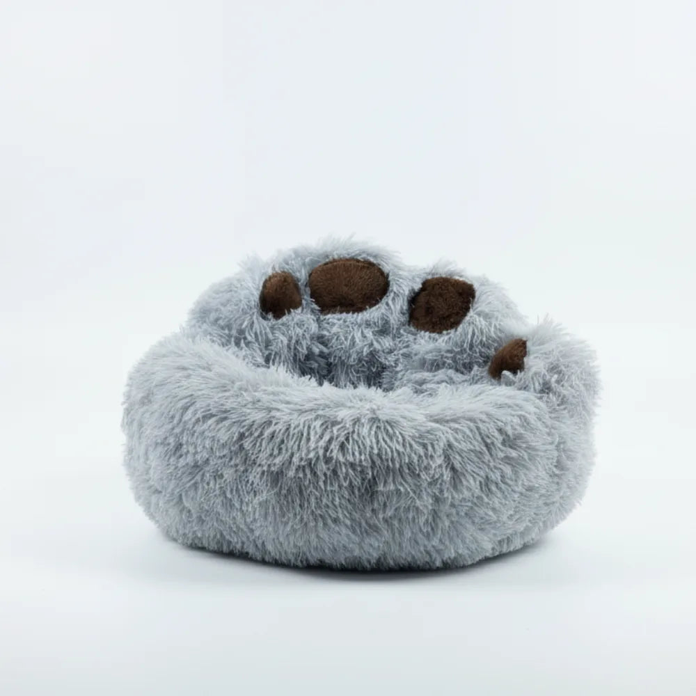Fluffy gray Bear Paw Shape Plush Pet Nest Sofa Bed with brown accents on a white background