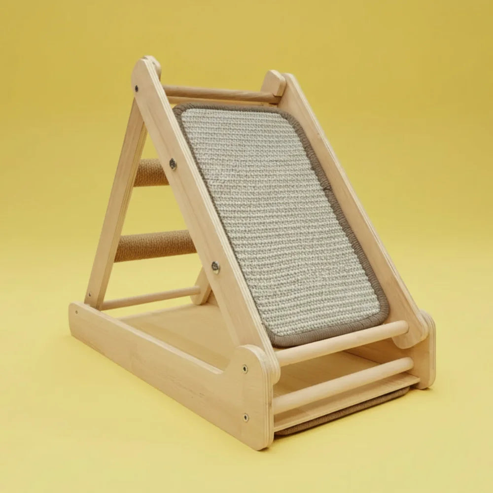Wooden cat scratcher with textured surface on a yellow background